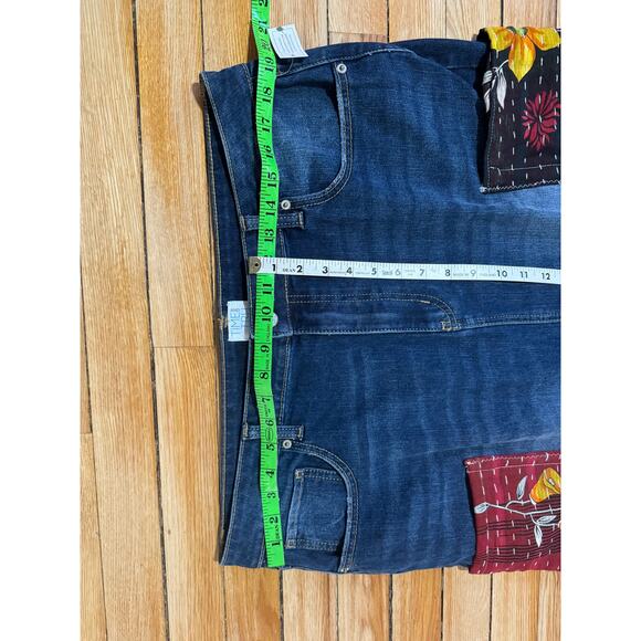 Upcycled Long Denim Skirt with Kantha Patches and Ruffle Hem | Size 16 - Picture 14 of 15